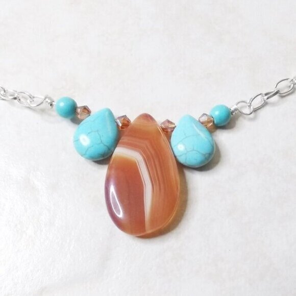 TROPICAL! Handmade Agate + Aqua Howlite! Necklace + Dangle Earrings Set! - Picture 8 of 16